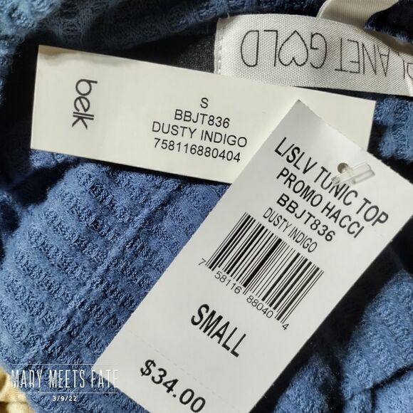 NWT Planet Gold Tunic Sz Small Long Sleeve Blue Waffle Weave - Picture 7 of 11